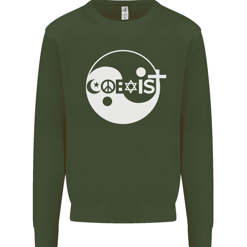Coexist World Peace Love Religion Hippy Anti War Mens Sweatshirt Jumper Forest Green