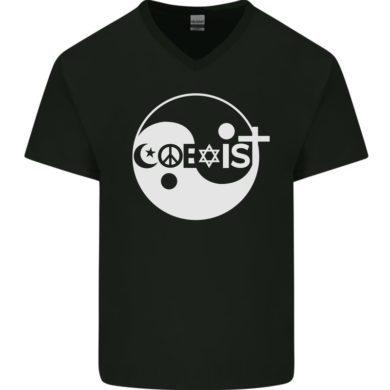 Coexist World Peace Love Religion Hippy Anti War Mens V-Neck Cotton T-Shirt Black