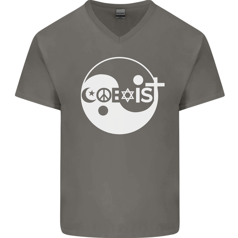 Coexist World Peace Love Religion Hippy Anti War Mens V-Neck Cotton T-Shirt Charcoal