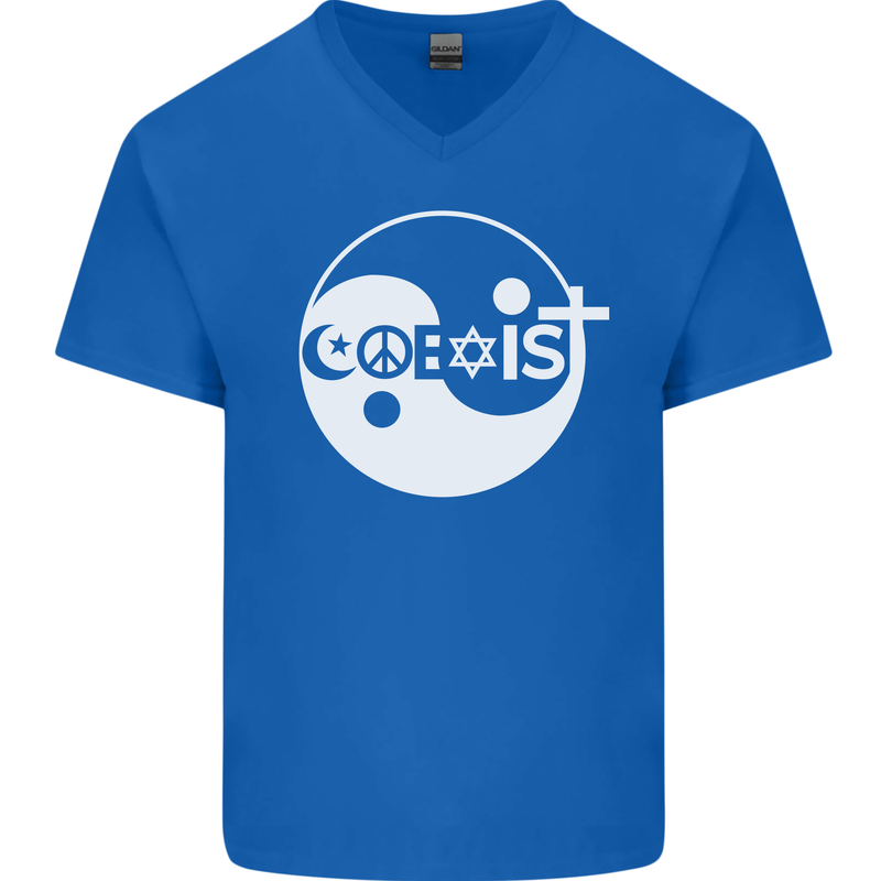 Coexist World Peace Love Religion Hippy Anti War Mens V-Neck Cotton T-Shirt Royal Blue