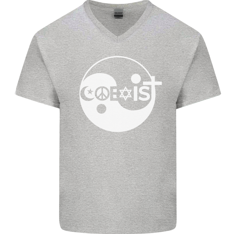 Coexist World Peace Love Religion Hippy Anti War Mens V-Neck Cotton T-Shirt Sports Grey
