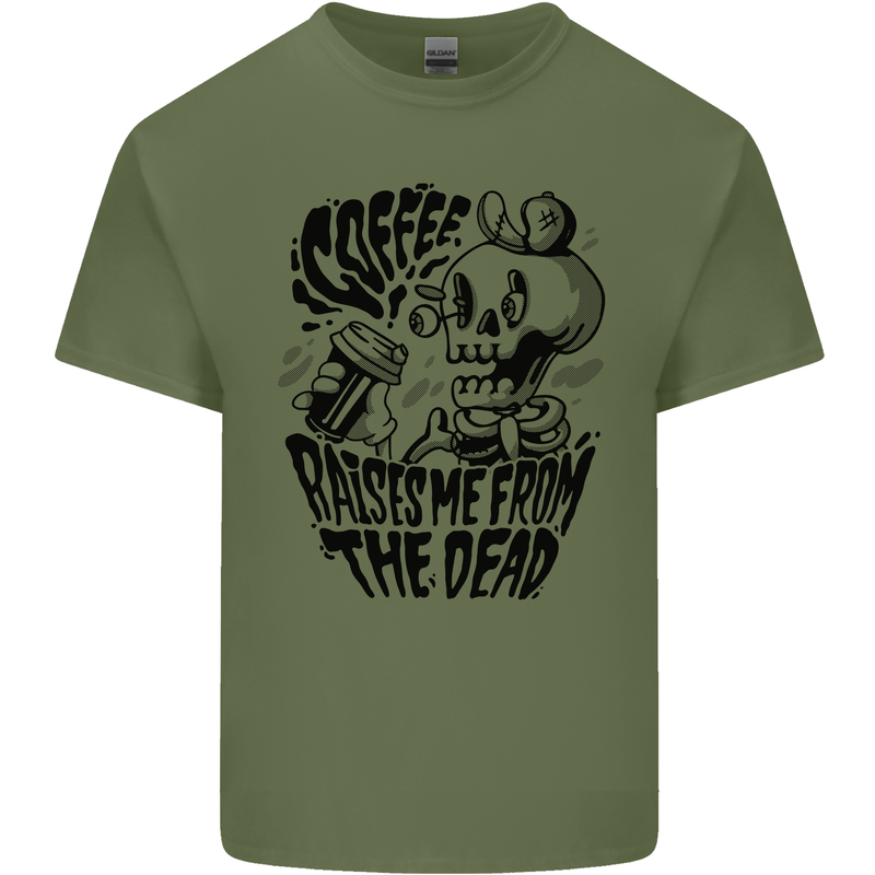 Coffee Raises Me from the Dead Skull Mens Cotton T-Shirt Tee Top Military Green