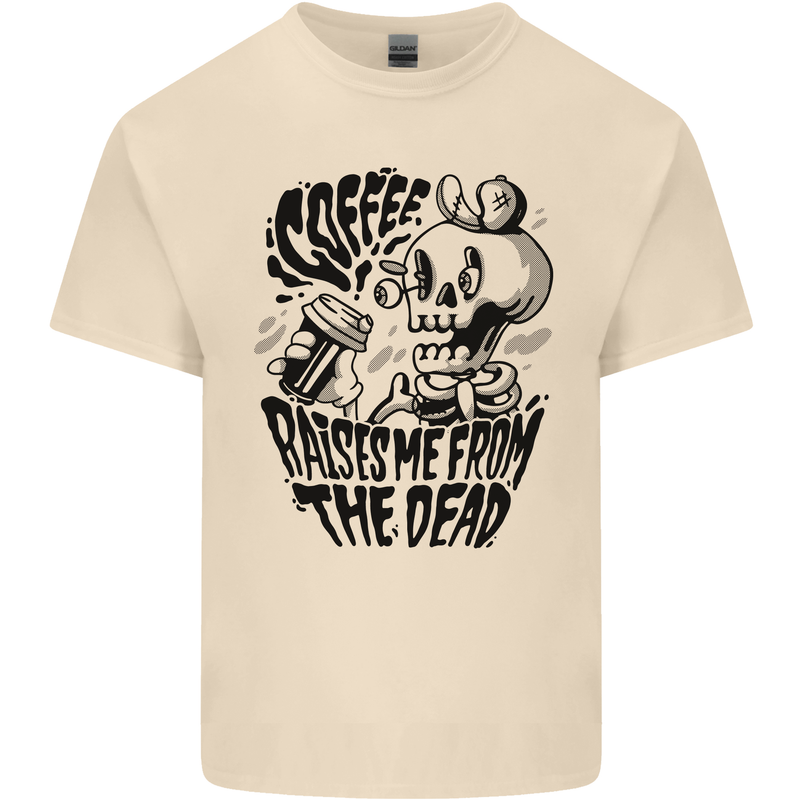 Coffee Raises Me from the Dead Skull Mens Cotton T-Shirt Tee Top Natural