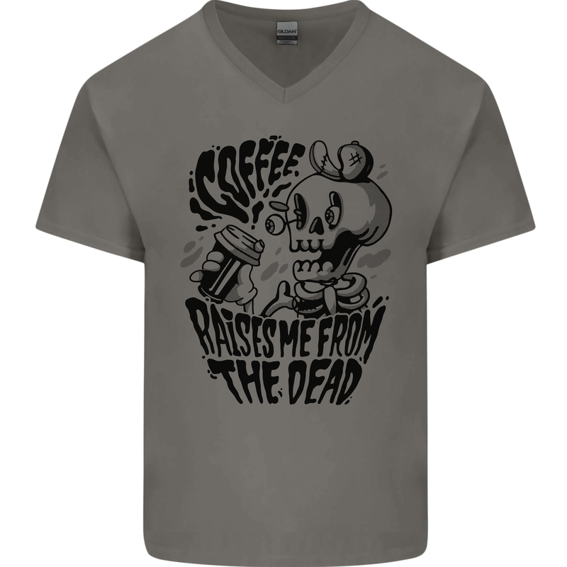 Coffee Raises Me from the Dead Skull Mens V-Neck Cotton T-Shirt Charcoal