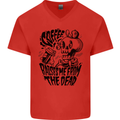 Coffee Raises Me from the Dead Skull Mens V-Neck Cotton T-Shirt Red