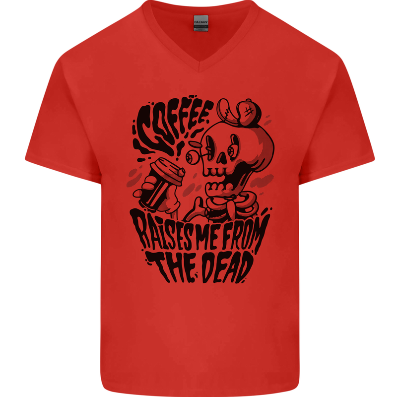 Coffee Raises Me from the Dead Skull Mens V-Neck Cotton T-Shirt Red