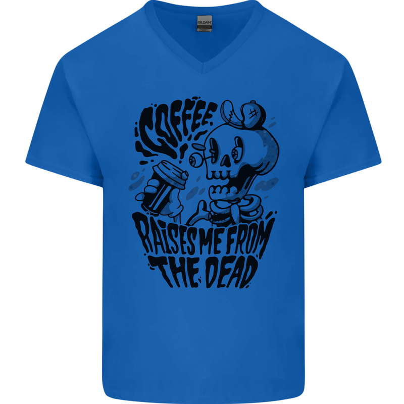 Coffee Raises Me from the Dead Skull Mens V-Neck Cotton T-Shirt Royal Blue