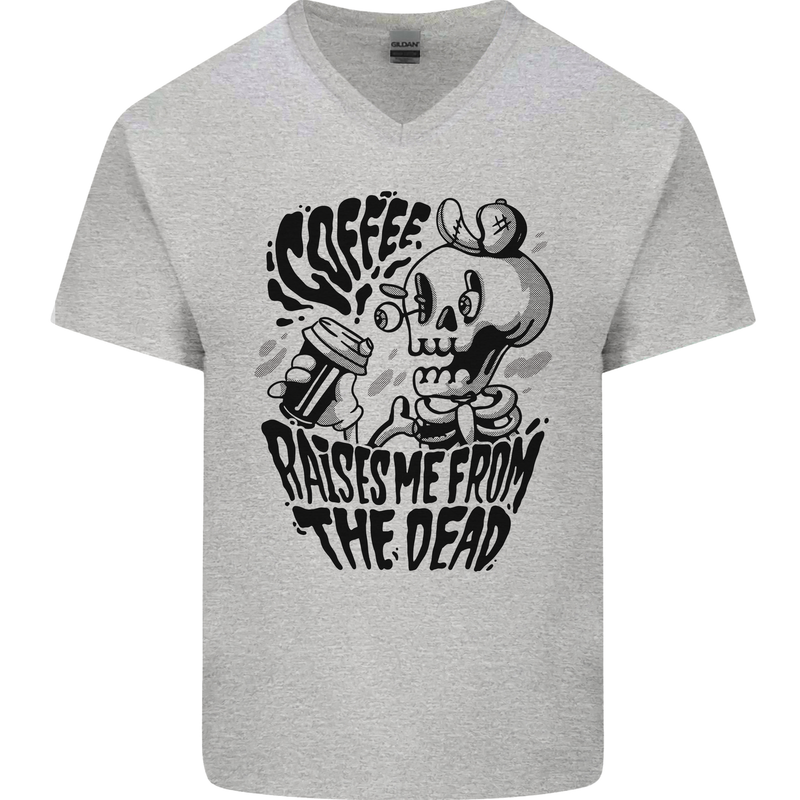 Coffee Raises Me from the Dead Skull Mens V-Neck Cotton T-Shirt Sports Grey