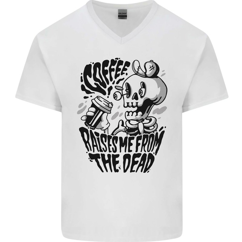 Coffee Raises Me from the Dead Skull Mens V-Neck Cotton T-Shirt White