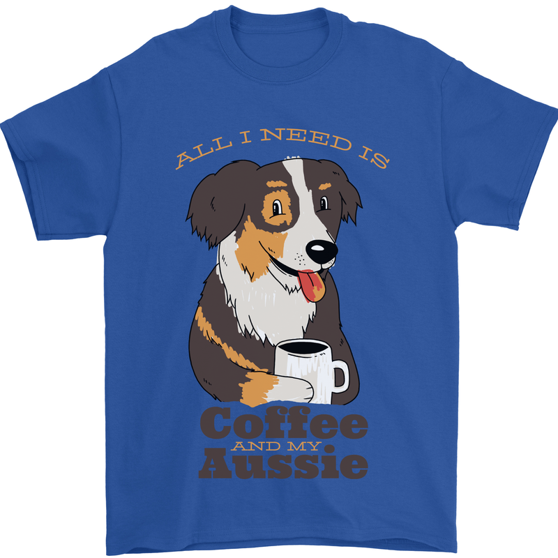 Coffee & Aussie Australian Shepherd Funny Dog Mens T-Shirt 100% Cotton Royal Blue