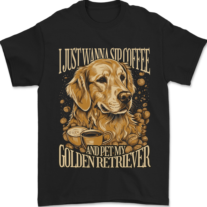 Coffee and Golden Retriever Funny Dog Mens T-Shirt 100% Cotton Black