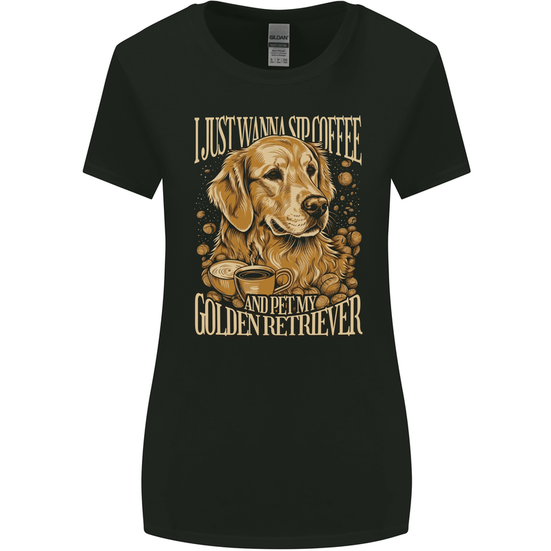 Coffee and Golden Retriever Funny Dog Womens Wider Cut T-Shirt Black