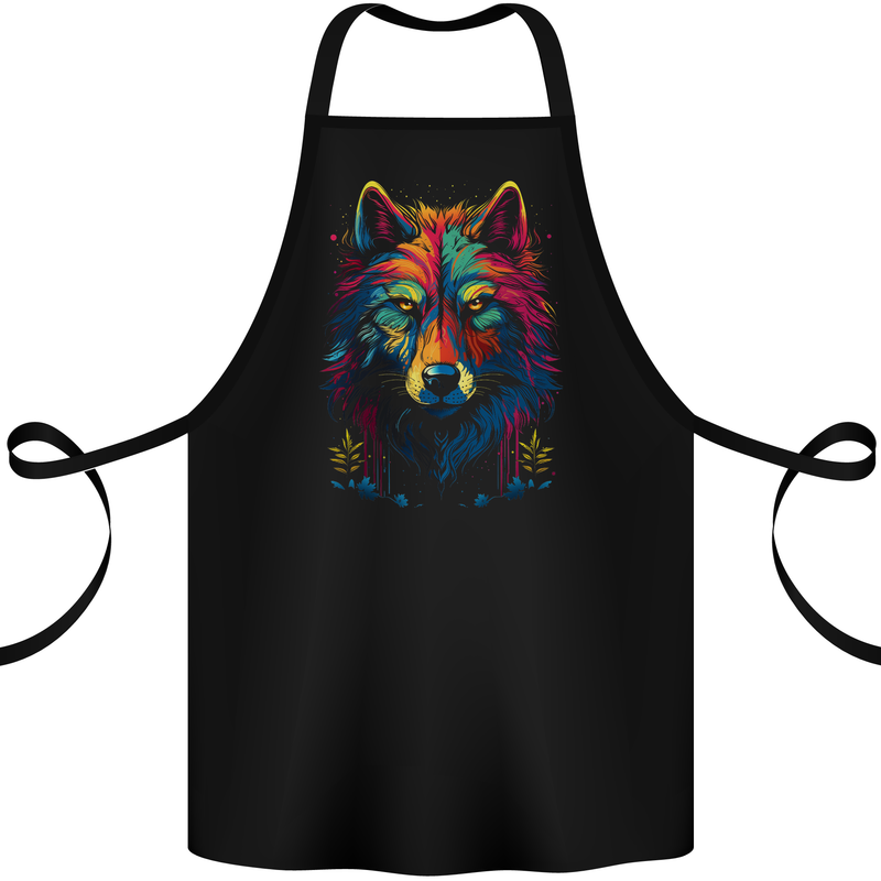 Colourful Fantasy Wolf Face Cotton Apron 100% Organic Black