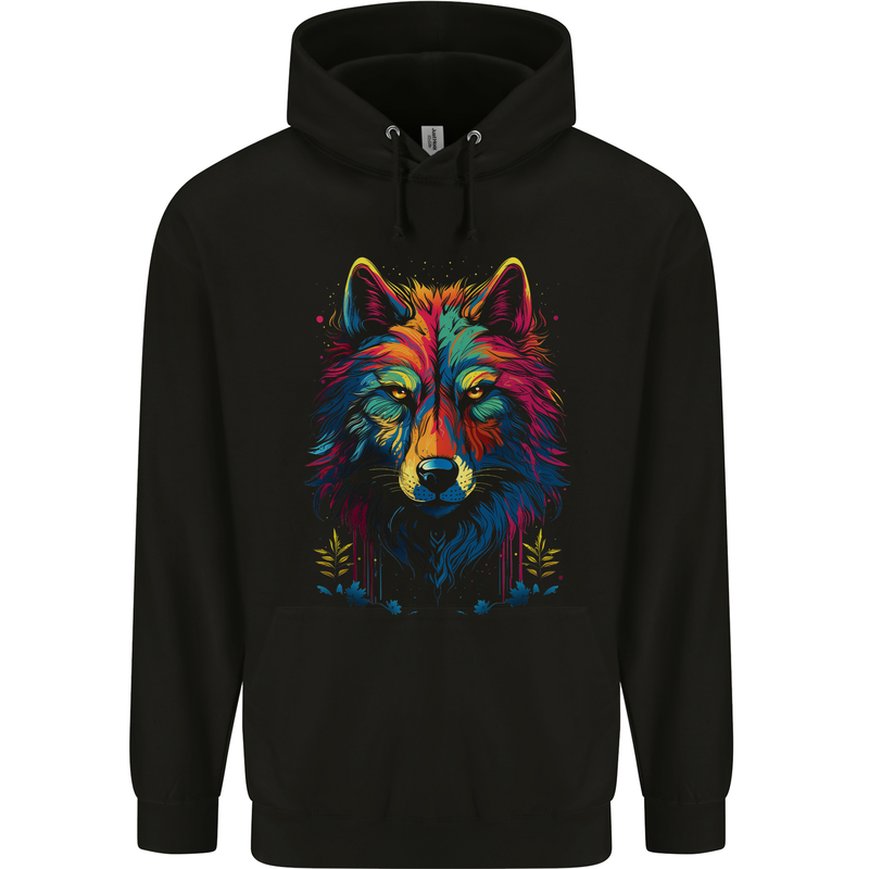 Colourful Fantasy Wolf Face Mens 80% Cotton Hoodie Black
