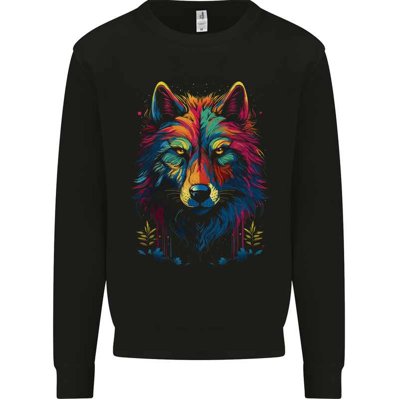 Colourful Fantasy Wolf Face Mens Sweatshirt Jumper Black