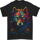 Colourful Fantasy Wolf Face Mens T-Shirt 100% Cotton BLACK
