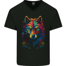 Colourful Fantasy Wolf Face Mens V-Neck Cotton T-Shirt Black