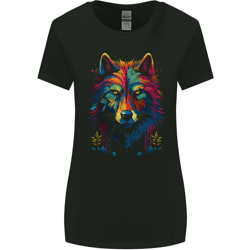 Colourful Fantasy Wolf Face Womens Wider Cut T-Shirt Black