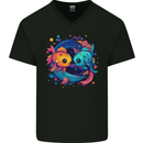 Colourful Kawaii Pisces Star Sign Zodiac Fish Mens V-Neck Cotton T-Shirt Black