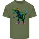 Colourful T-Rex Dinosaur Mens Cotton T-Shirt Tee Top Military Green
