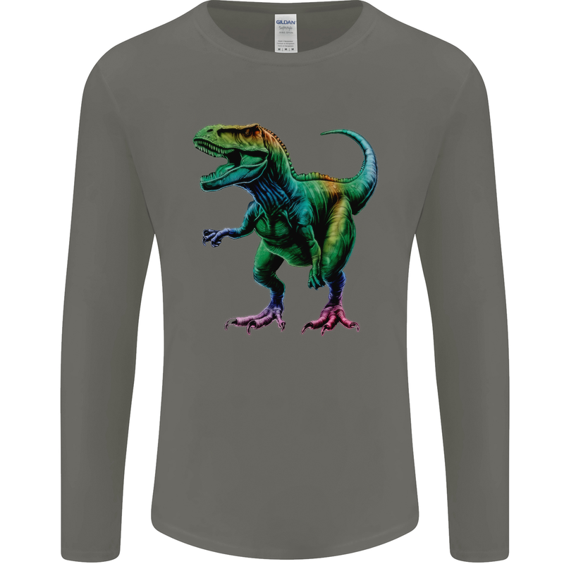 Colourful T-Rex Dinosaur Mens Long Sleeve T-Shirt Charcoal