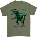 Colourful T-Rex Dinosaur Mens T-Shirt 100% Cotton Military Green