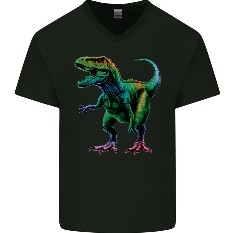 Colourful T-Rex Dinosaur Mens V-Neck Cotton T-Shirt Black