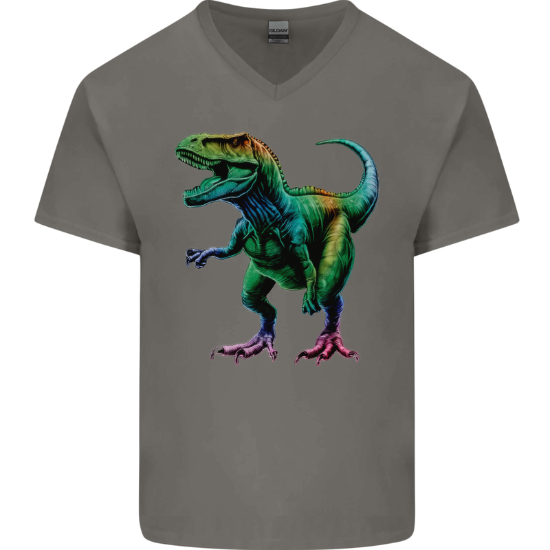 Colourful T-Rex Dinosaur Mens V-Neck Cotton T-Shirt Charcoal