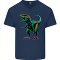Colourful T-Rex Dinosaur Mens V-Neck Cotton T-Shirt Navy Blue