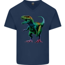 Colourful T-Rex Dinosaur Mens V-Neck Cotton T-Shirt Navy Blue