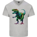 Colourful T-Rex Dinosaur Mens V-Neck Cotton T-Shirt Sports Grey