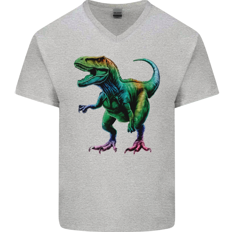 Colourful T-Rex Dinosaur Mens V-Neck Cotton T-Shirt Sports Grey