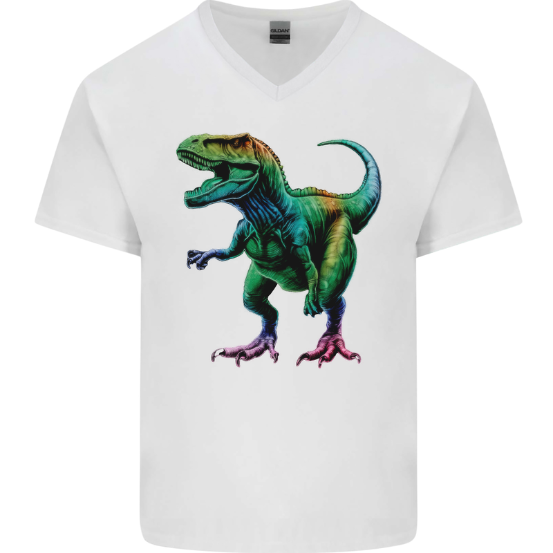 Colourful T-Rex Dinosaur Mens V-Neck Cotton T-Shirt White