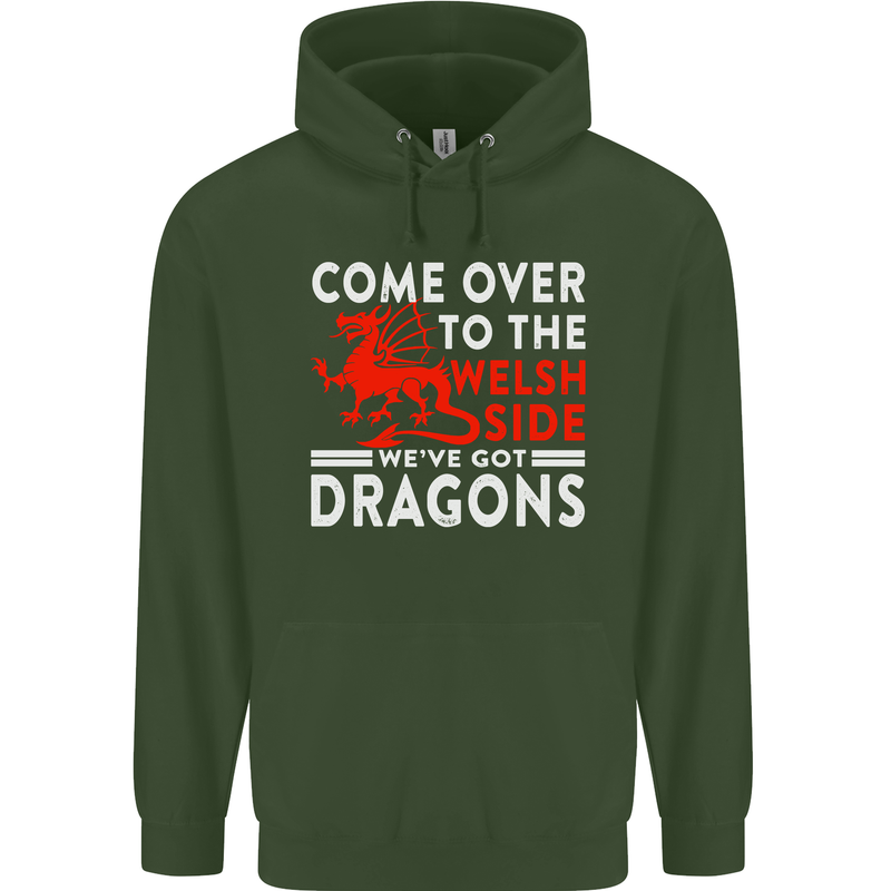 Come to the Welsh Side Dragons Wales Rugby Childrens Kids Hoodie Forest Green