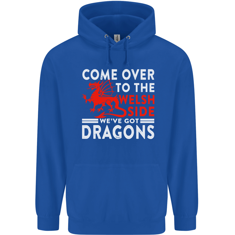Come to the Welsh Side Dragons Wales Rugby Mens 80% Cotton Hoodie Royal Blue