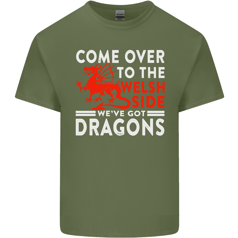 Come to the Welsh Side Dragons Wales Rugby Mens Cotton T-Shirt Tee Top Military Green