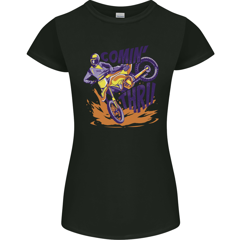 Comin Thru Motocross Dirt Bike MotoX Womens Petite Cut T-Shirt Black
