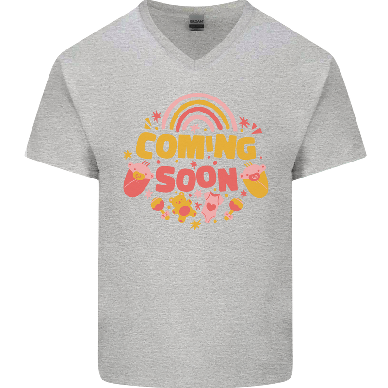 Coming Soon New Baby Pregnancy Pregnant Mens V-Neck Cotton T-Shirt Sports Grey