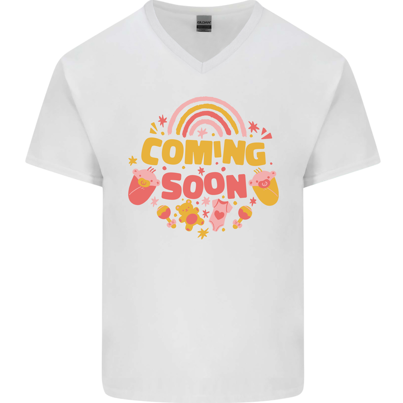 Coming Soon New Baby Pregnancy Pregnant Mens V-Neck Cotton T-Shirt White