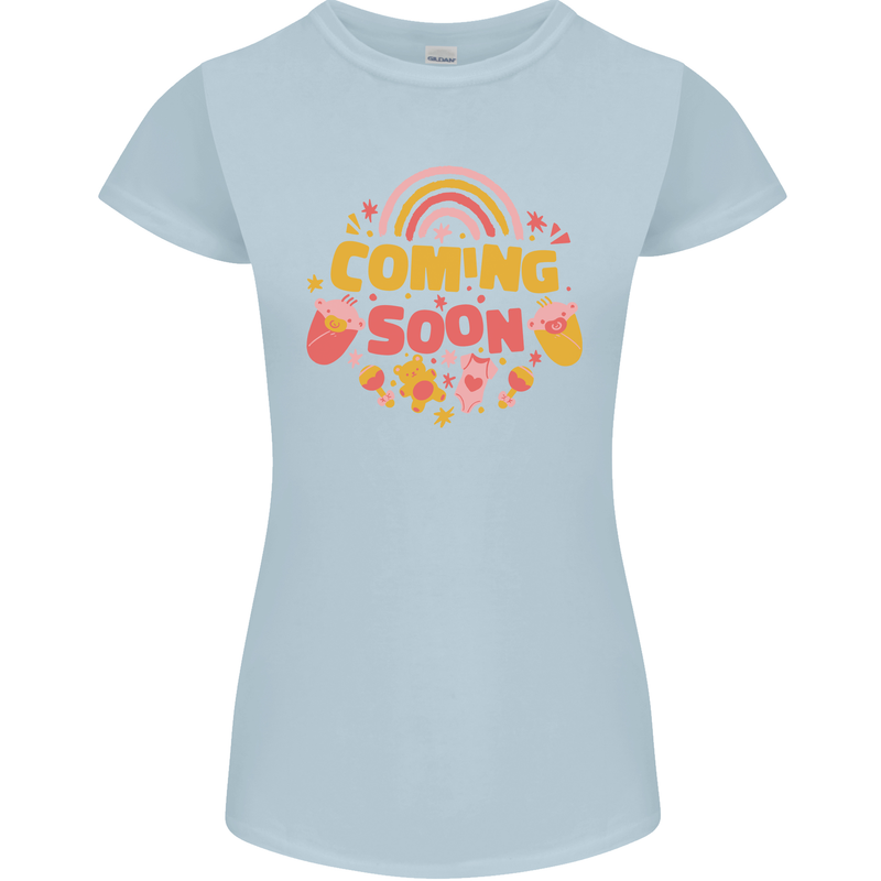 Coming Soon New Baby Pregnancy Pregnant Womens Petite Cut T-Shirt Light Blue