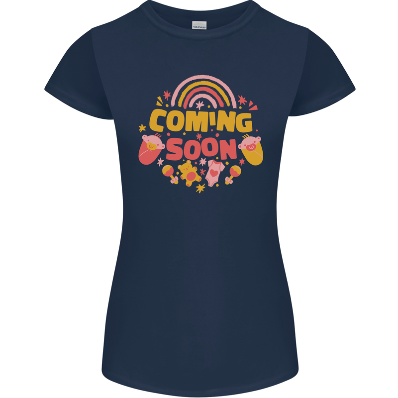 Coming Soon New Baby Pregnancy Pregnant Womens Petite Cut T-Shirt Navy Blue