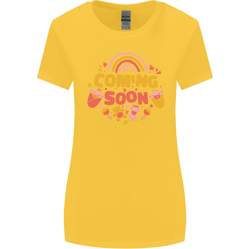 Coming Soon New Baby Pregnancy Pregnant Womens Wider Cut T-Shirt Yellow