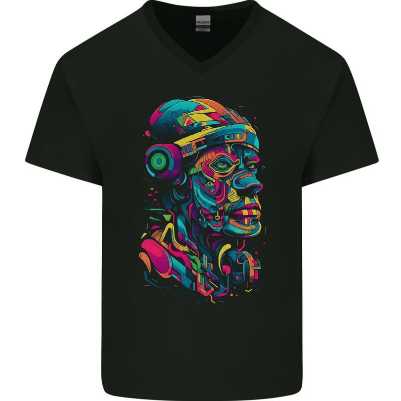 Cool African Head With Headphones Mens V-Neck Cotton T-Shirt Black