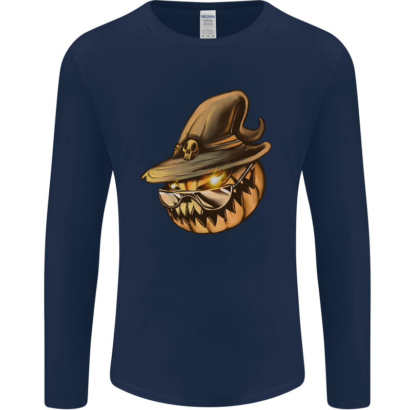 Cool Pumpkin Halloween Mens Long Sleeve T-Shirt Navy Blue