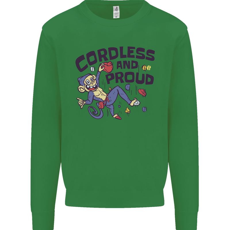 Cordless & Proud Rock Climbing Monkey Kids Sweatshirt Jumper Irish Green