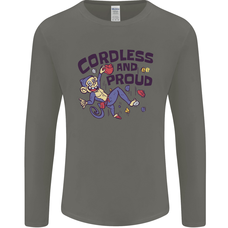 Cordless & Proud Rock Climbing Monkey Mens Long Sleeve T-Shirt Charcoal