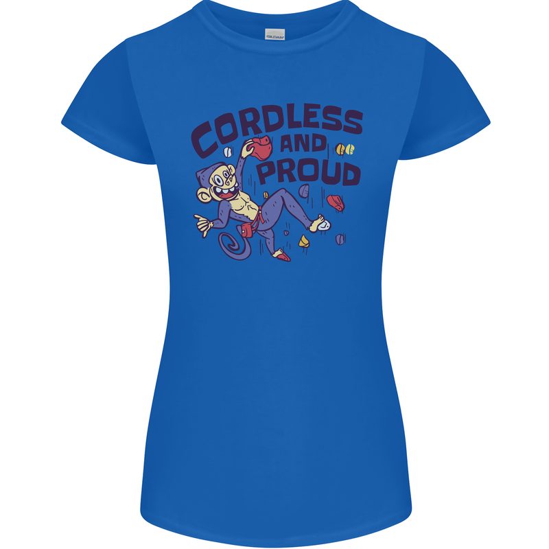 Cordless & Proud Rock Climbing Monkey Womens Petite Cut T-Shirt Royal Blue