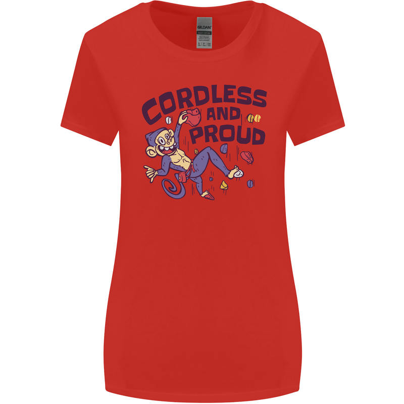 Cordless & Proud Rock Climbing Monkey Womens Wider Cut T-Shirt Red