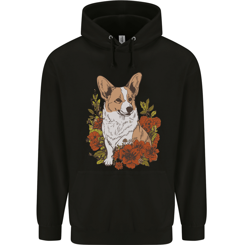 Corgi Dog With Flowers Mens 80% Cotton Hoodie Black