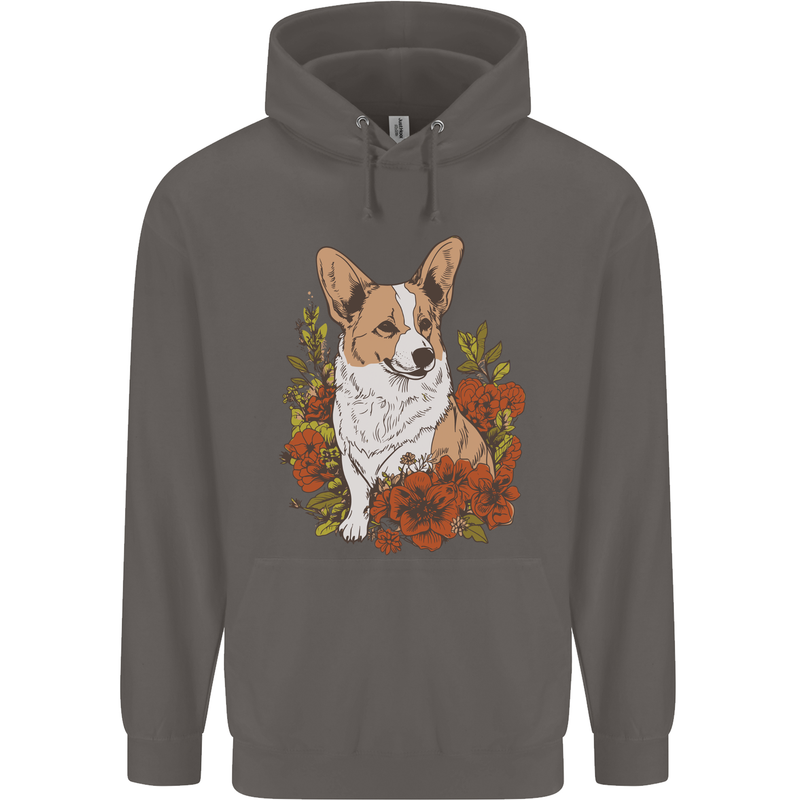 Corgi Dog With Flowers Mens 80% Cotton Hoodie Charcoal